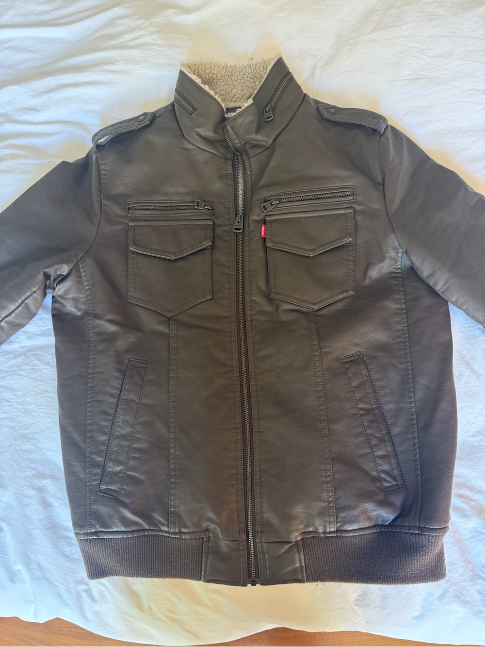 Levi's Brown Leather Bomber Jacket with Sherpa Collar